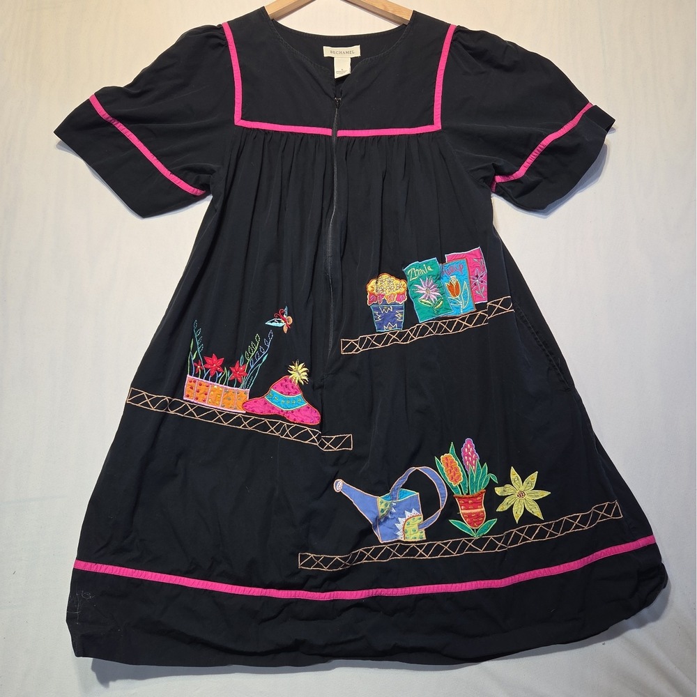 Vintage Bechamel Women's S Black Zip Front House Dress Embroidered Garden Cotton
